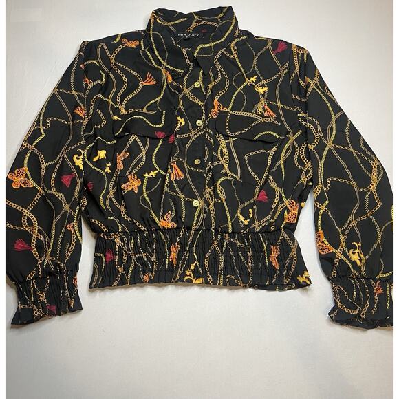 new glory Tops - New Glory Women’s Long Sleeve Gold Chain Printed Smocked Waist Top Sz XL